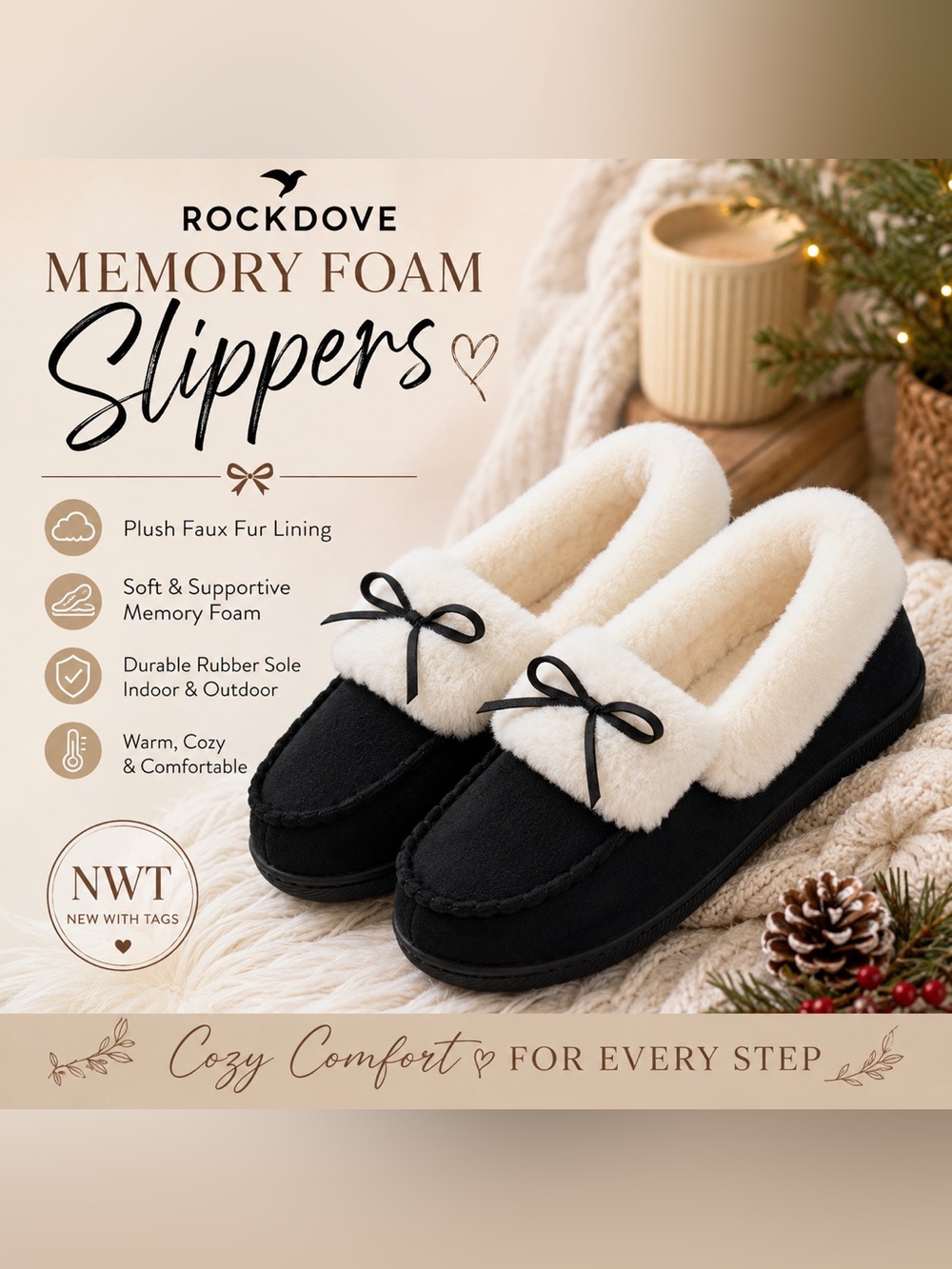 NWT RockDove Plush Faux Fur Memory Foam Slippers Black Ivory Women’s